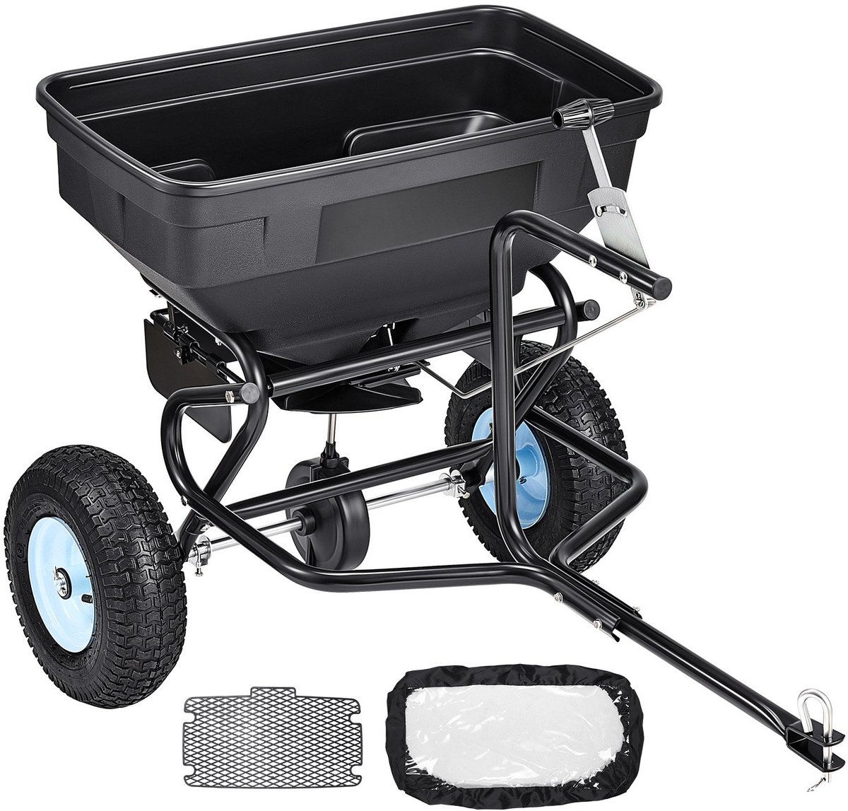 Strooiwagen - Centrifugale zout- en kunstmeststrooier - Capaciteit 59 kg - Strooibreedte 3 m - Instelbare 30 standen - Luchtbanden 33 cm - Trek- en duwfunctie - Geschikt voor zaden