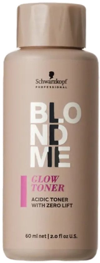 Flesje beige haarkleurcrème met 'BLONDME GLOW TONER ACIDIC TONER WITH ZERO LIFT' op de voorkant.