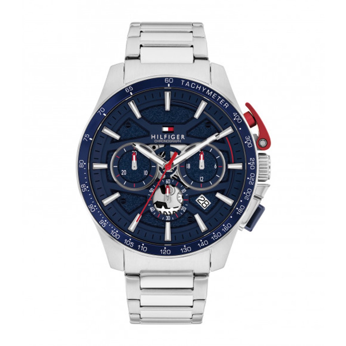 Tommy Hilfiger Chrono Horloge, Zilverkleurige Stalen Band, Blauwe Wijzerplaat, Stalen Kast, Datum, 44Mm, 5 Atm, 1792261