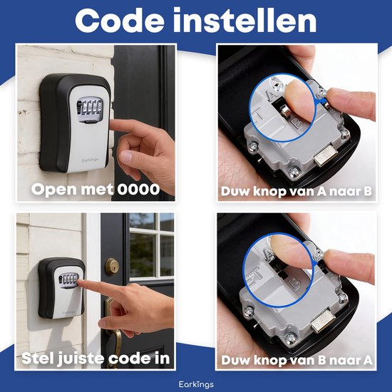 Instructies voor het instellen van een sleutelkluis: openen met 0000, duw knop van A naar B, stel juiste code in, duw knop van B naar A.
