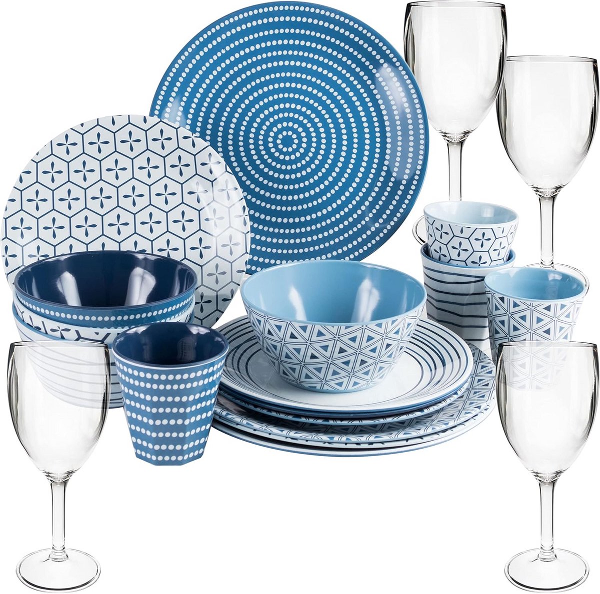 20-Delige Melamine Servies Set voor 4 Personen - Camping Servies Blauw Wit