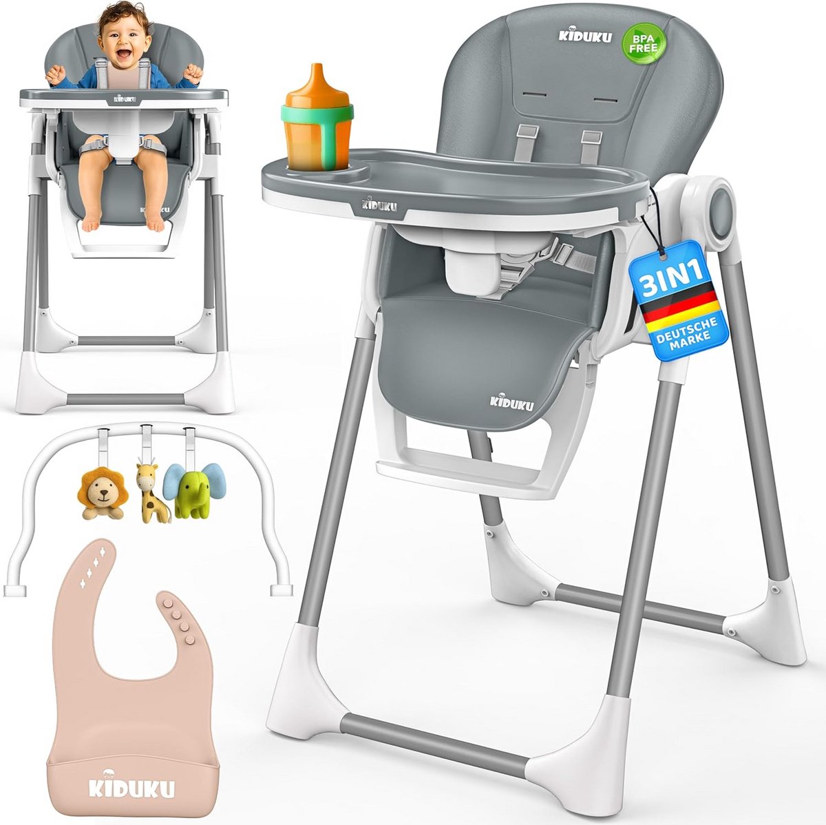 3-in-1 Kinderstoel voor Baby's en Peuters met Losse Zitverkleiner en Speelboog
