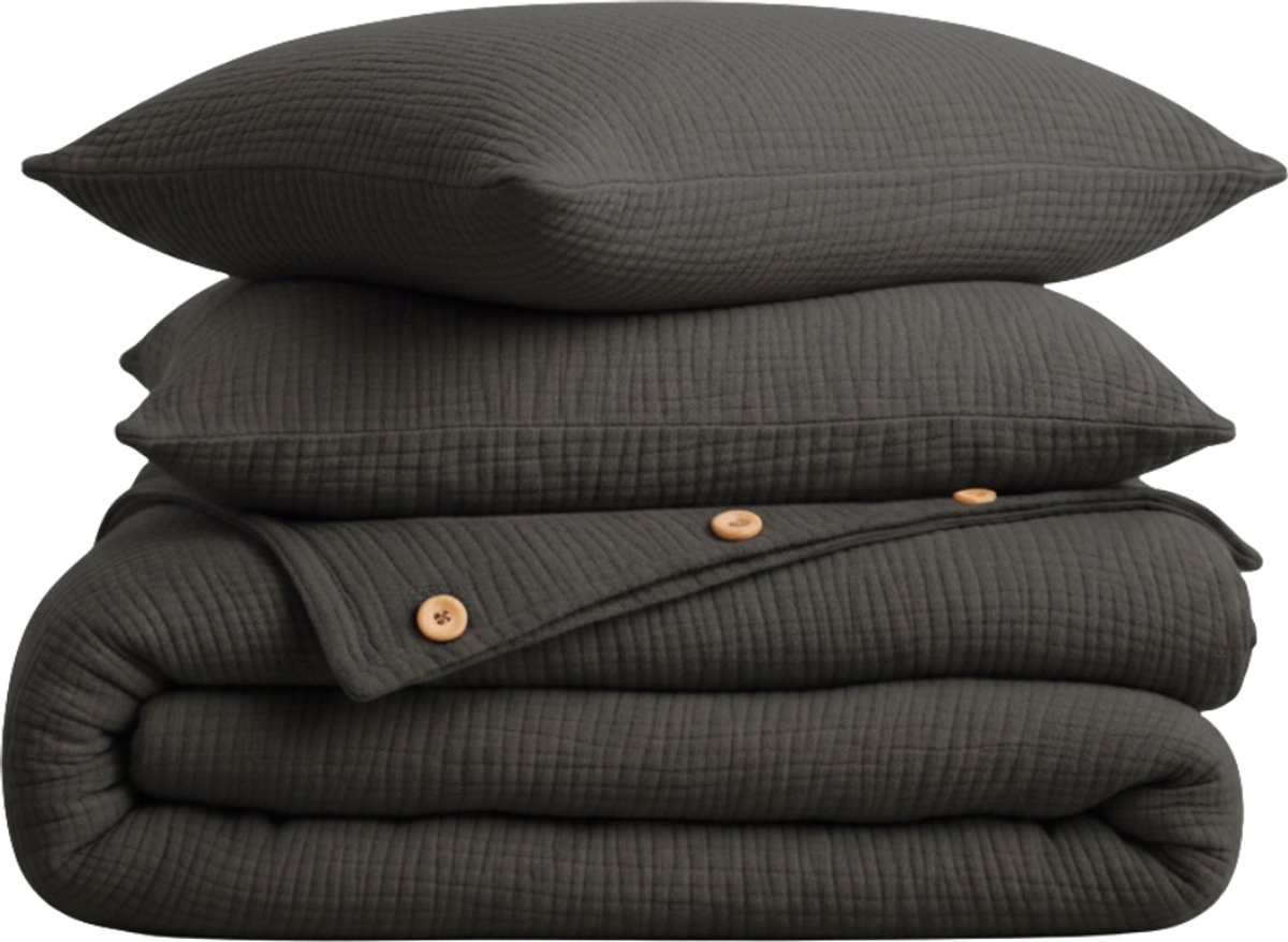 Dekbedovertrek, 4-laags Mousseline, 100% Katoen, Tweepersoons, 200x220 cm, Inclusief Hoeslaken & 2 stuks Kussenslopen 60x70 cm, Antraciet, Knoppen van Kokosnoot, Ademend&Comfortabel, Dekbedovertrekset, Hoge Kwaliteit, Dekbedovertrekken, De Linde Home