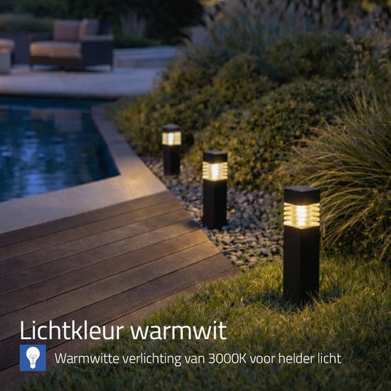 Zwarte vierkante tuinlampen met warm wit licht, geplaatst langs een zwembad en houten dek.