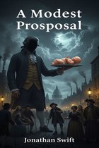 Boekomslag: Een reus met een baby op een schaal, met de titel 'A Modest Proposal' van Jonathan Swift.