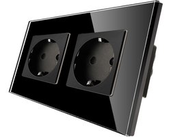 Dubbele stopcontact, 16 ampère, met zwart paneel van gehard glas, kinderbeveiliging, brandwerend materiaal, standaard stopcontact