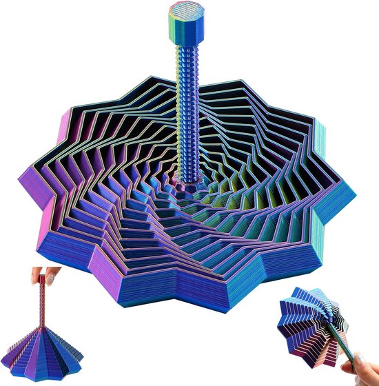 Multicolor metalen draaitol, 3D-weergave van op elkaar gestapelde zeshoeken, met een draadachtige steel. Close-ups tonen handvat.