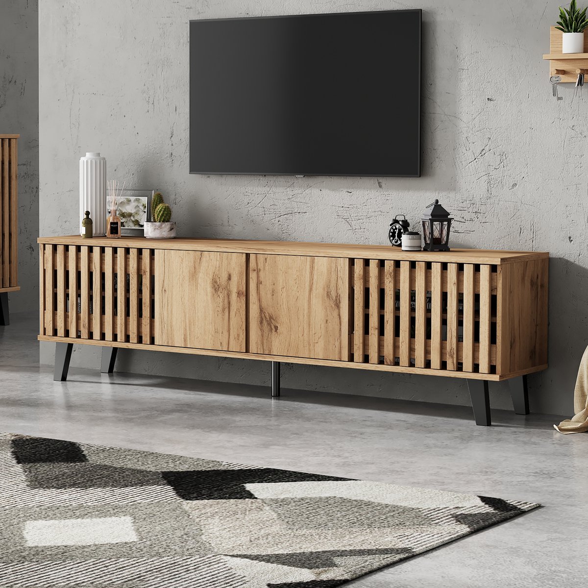 OKWISH Tv Meubel - 8 Vakken En 4 Deuren - Voor Televisie Tot 70 Inch - 180x40x55 Cm - Spaanplaat - Naturel+Houtkleur