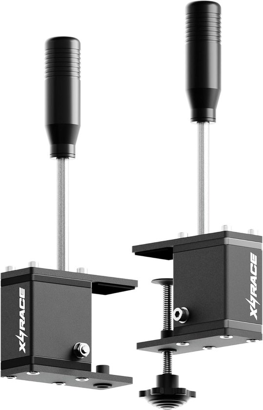 Twee zwarte racestuurpookjes. Eén met 'X4RACE' logo, de ander met klembevestiging en instelschroef.