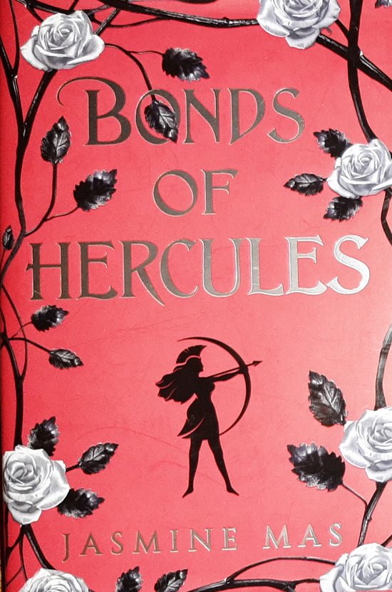 Rode boekhoes met zilveren tekst 'Bonds of Hercules', witte rozen en een boogschutter.