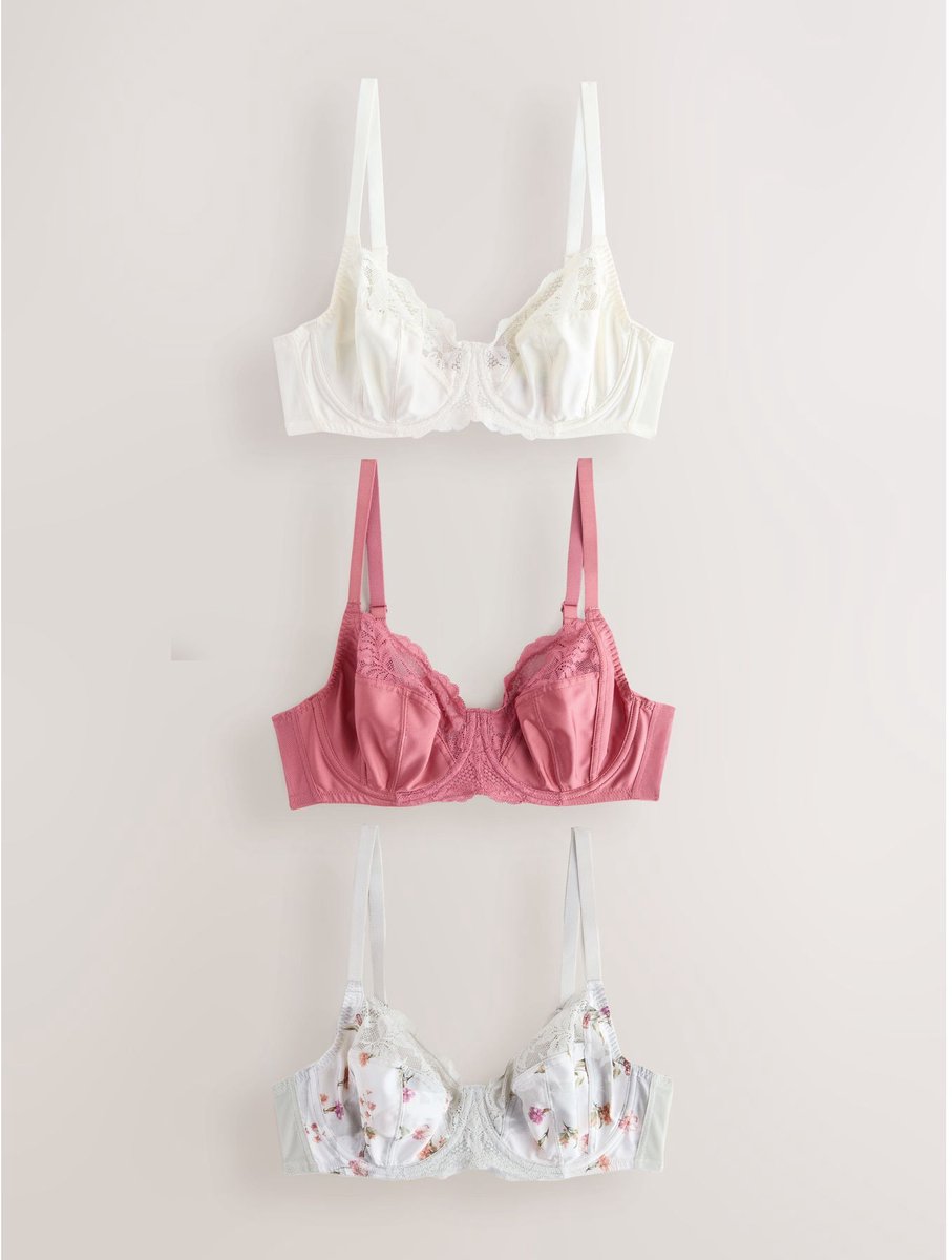 Next Dames - Set van 3 DD+ beha's zonder vulling met volledige cups - Roze Pink/Cream/Green Floral