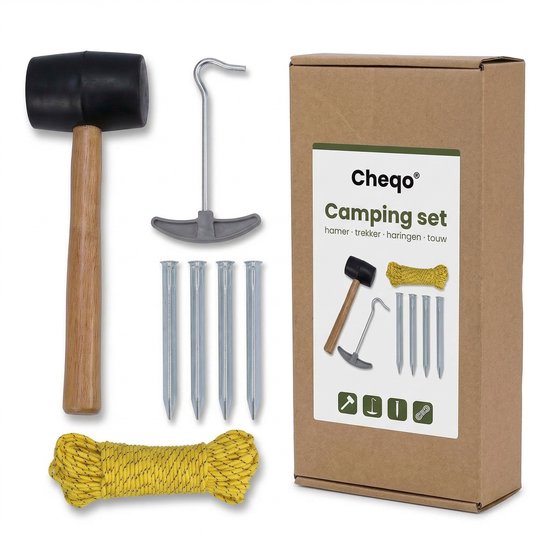 Cheqo® Camping Set - Kampeer Set - Kampeerset - Camping Accessoires Set - Kampeer Accessoires Set - Tent Haringen Set - Haringen Set - Tent Haringen - Haringtrekker - Rubberen Hamer Camping - Scheerlijnen van Cheqo — afbeelding 2