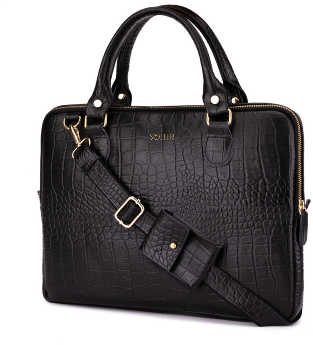 Solier FL26 Alcamo - Laptoptas Dames - Echt Leer - 13,3 Inch Laptopvak - Schouderriem - Zwart Slangenstructuur
