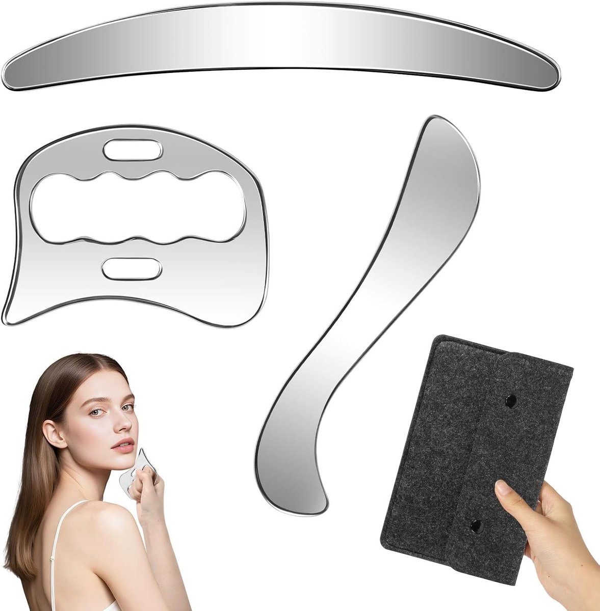 Gua Sha Set - Fascia Tool - Spierontspanning Lichaam - Roestvrij Staal Set - 3 Stuks - Zilver
