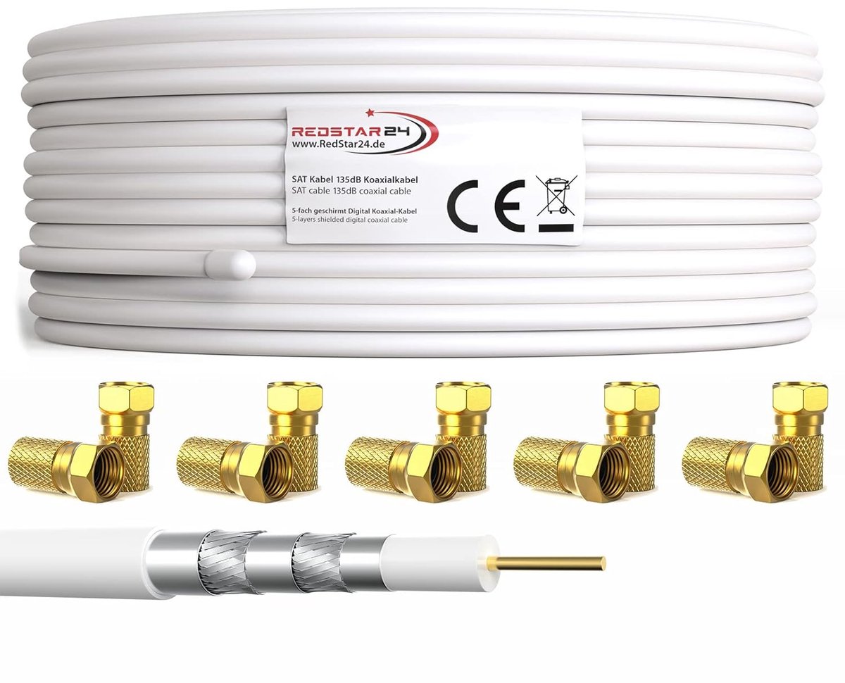 Coaxiale Kabel - Satellietkabel Antennekabel - Digitale Signalen Ontvangen - 135dB 5-voudig Afgeschermd - 50 Meter Lengte - Wit