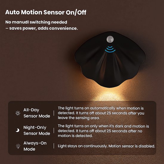 Nachtlampje met bewegingssensor - sensorlamp - LED nachtlamp - USB oplaadbaar - draadloos magnetisch - 3 kleurstanden - auto/altijd aan - schelpvorm wandlampje - zwart - grote batterij van Merkloos — afbeelding 5