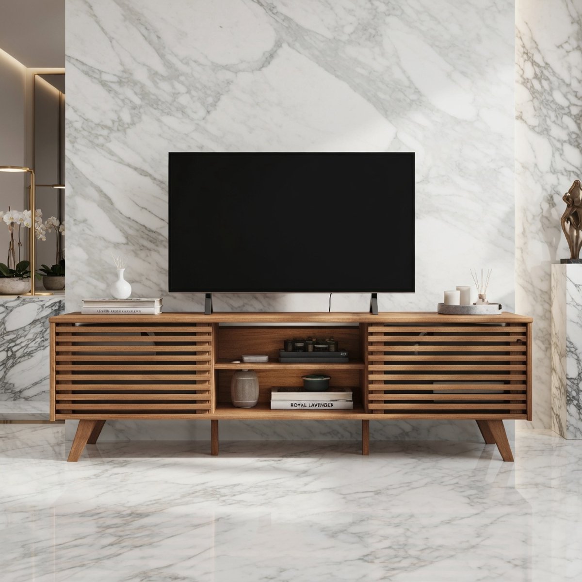 TV Meubel RIAN Premium – Modern Lowboard voor 75 Inch TV – Massief Grenenhout – 2 Schuifdeuren & 3 Verstelbare Planken – Eiken Kleur – Novihome