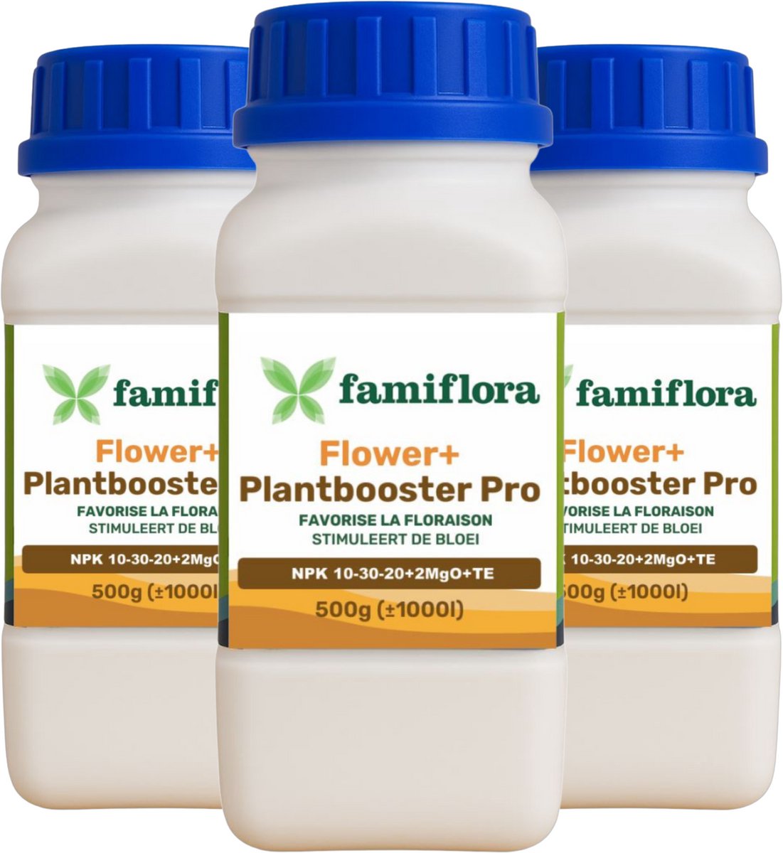Famiflora Flower+ Plantbooster Pro NPK 10-30-20+2MgO+TE - 1500GR (3 x 500GR) - In water oplosbare meststof - Geschikt voor binnen- en buitenplanten, ook hydrocultuur en aeroponica