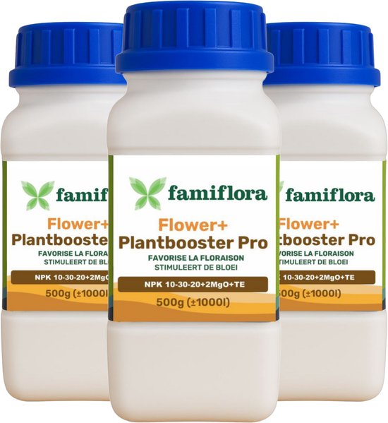 Famiflora Flower+ Plantbooster Pro NPK 10-30-20+2MgO+TE - 1500GR (3 x 500GR) - In water oplosbare meststof - Geschikt voor binnen- en buitenplanten, ook hydrocultuur en aeroponica