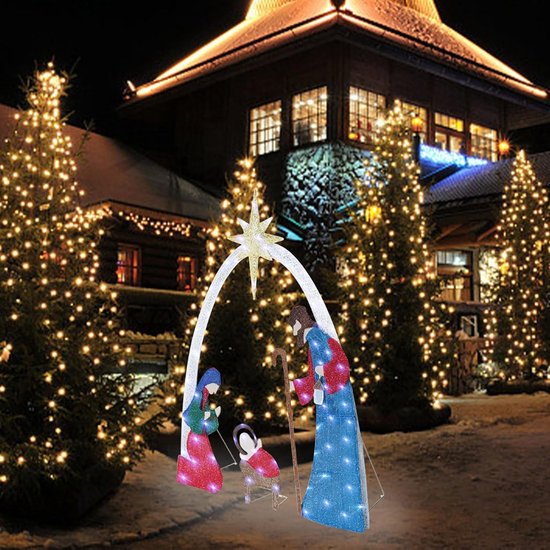 Verlichte Kerststal - Tuindecoratie Set - Buiten Versieren - Traditioneel Design - 156cm Hoog - Wit
