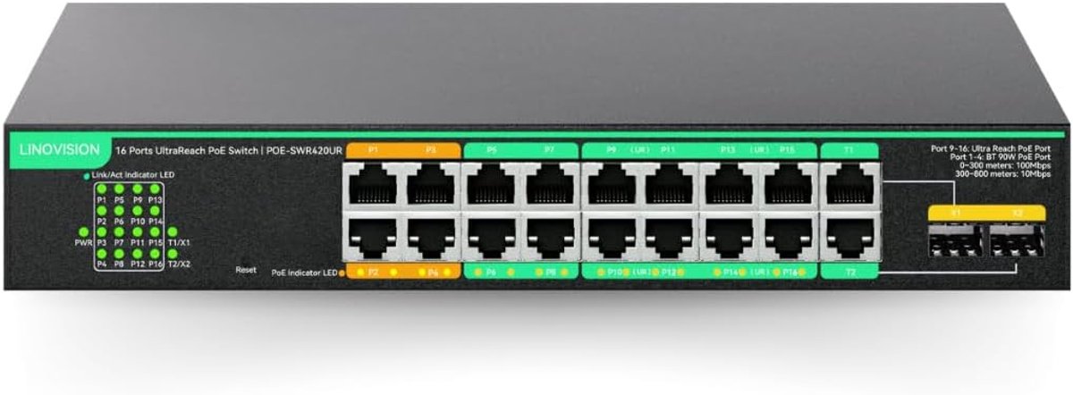 Netwerk Switch - Managed Switch - PoE Netwerk - 800m Bereik - 16 Poorten - Zwart