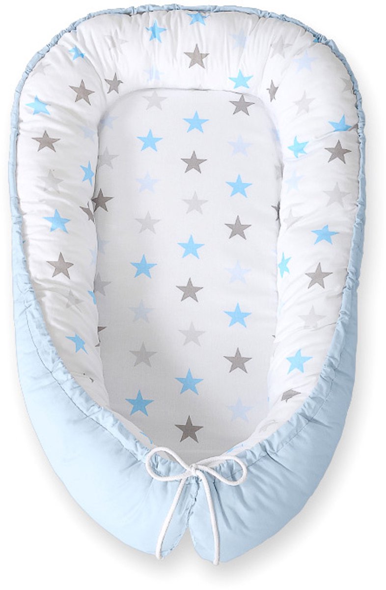 Babynest dubbelzijdig Premium Cocoon voor baby's BOBONO- grijsblauwe sterren/ blauw