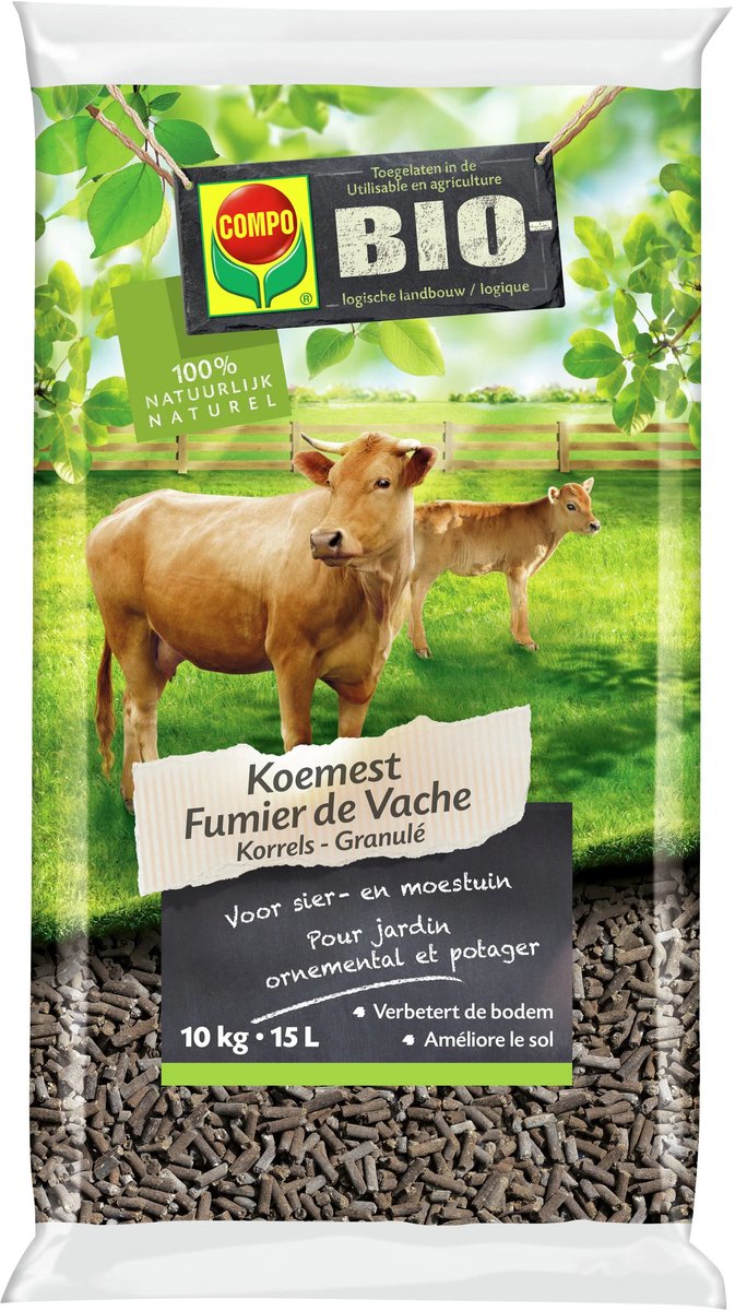 COMPO Bio Koemest - 100% natuurlijk - voor sier- en moestuin - verbetert de bodem - zak 10 kg (15L)