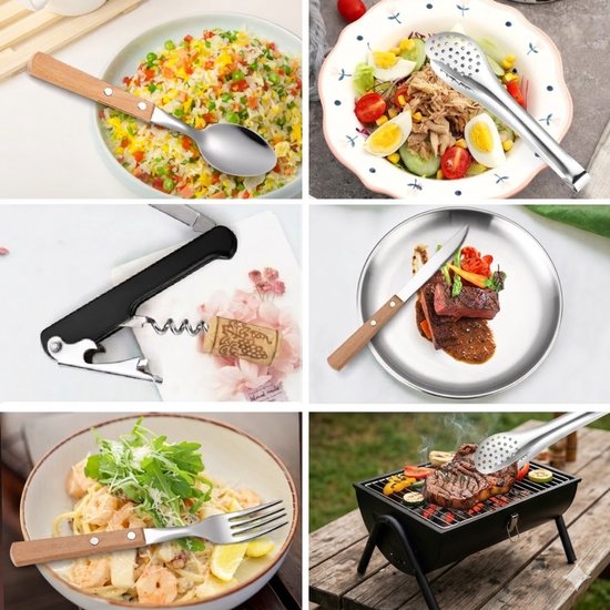 Camping Bestekset 4 Personen - RVS met Houten Handvat - 20-delig - Inclusief Borden, BBQ Tang & Opbergtas - Picknick & Outdoor Set van Merkloos — afbeelding 4