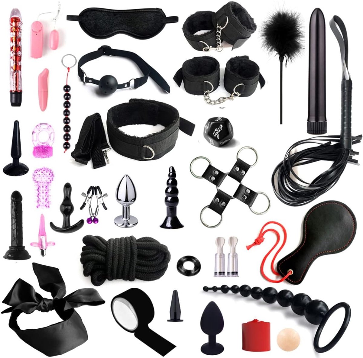 VIN® BDSM Extreme - Sex Toys voor Koppels - 35 Stuks - Seksspeeltjes voor Koppel - Zweepje Seks - Shibari Touw – Bondagesets - Sexspeeltjes voor Koppels - Couple Games – Bondagesets – Boeienset, Handboeien, Tepelklemmen, etc - Zwart