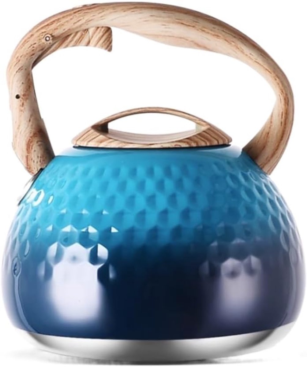 Waterkoker RVS - Theepot Fluitketel - Koffie en Thee - Met Houtnerf Handvat - 3 Liter - Zilver