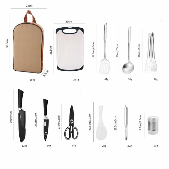 Camping Kookset 11-delig - RVS - Lichtgewicht & Draagbaar - Inclusief Mes, Snijplank & Bestek - Outdoor Keukenset — afbeelding 4