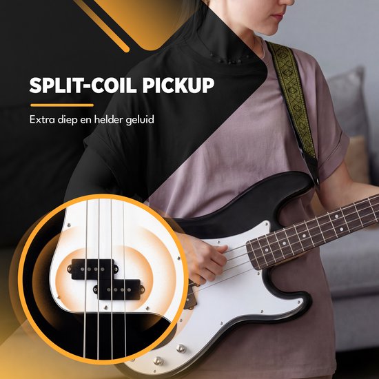 Vrouw speelt op een zwarte basgitaar met witte slagplaat, close-up van de split-coil pickup.