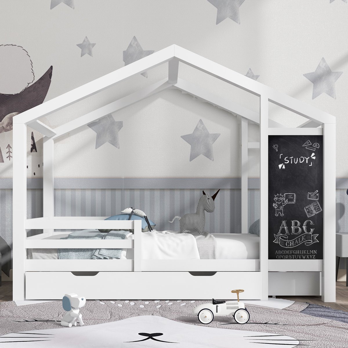 REDOM kinderbed in huisvorm 90x200 cm – Massief grenenhout wit – Schoolbord, 2 laden – Lattenbodem – 120 kg