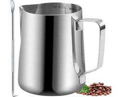 QTTVBTNA – Melkkan – Melkkannetje – Melkopschuimkan – RVS – met Latte Art Pen – Koffie Melkkan voor Cappuccino, Espresso en Latte – Geschikt voor Opschuimen en Schenken – Duurzaam en Makkelijk te Reinigen – Voor Thuis en Koffiehoek – 350 ml – Zilver