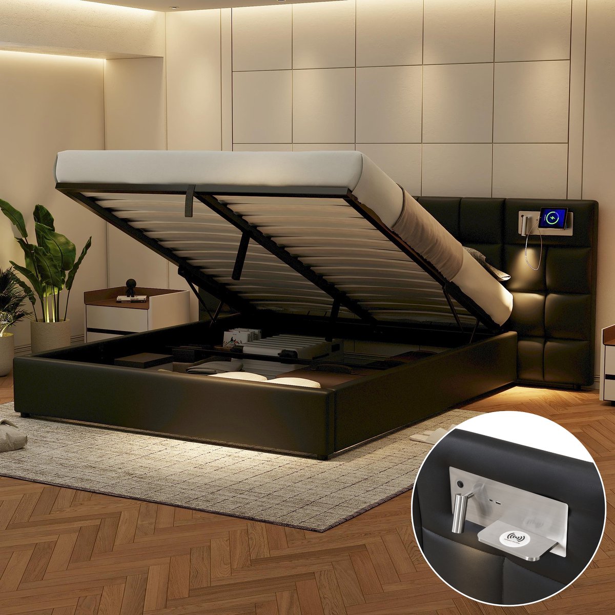 MIVRAY Gestoffeerd Bed 180x200cm - Met USB Aansluiting En Draadloos Opladen En Leeslamp - 