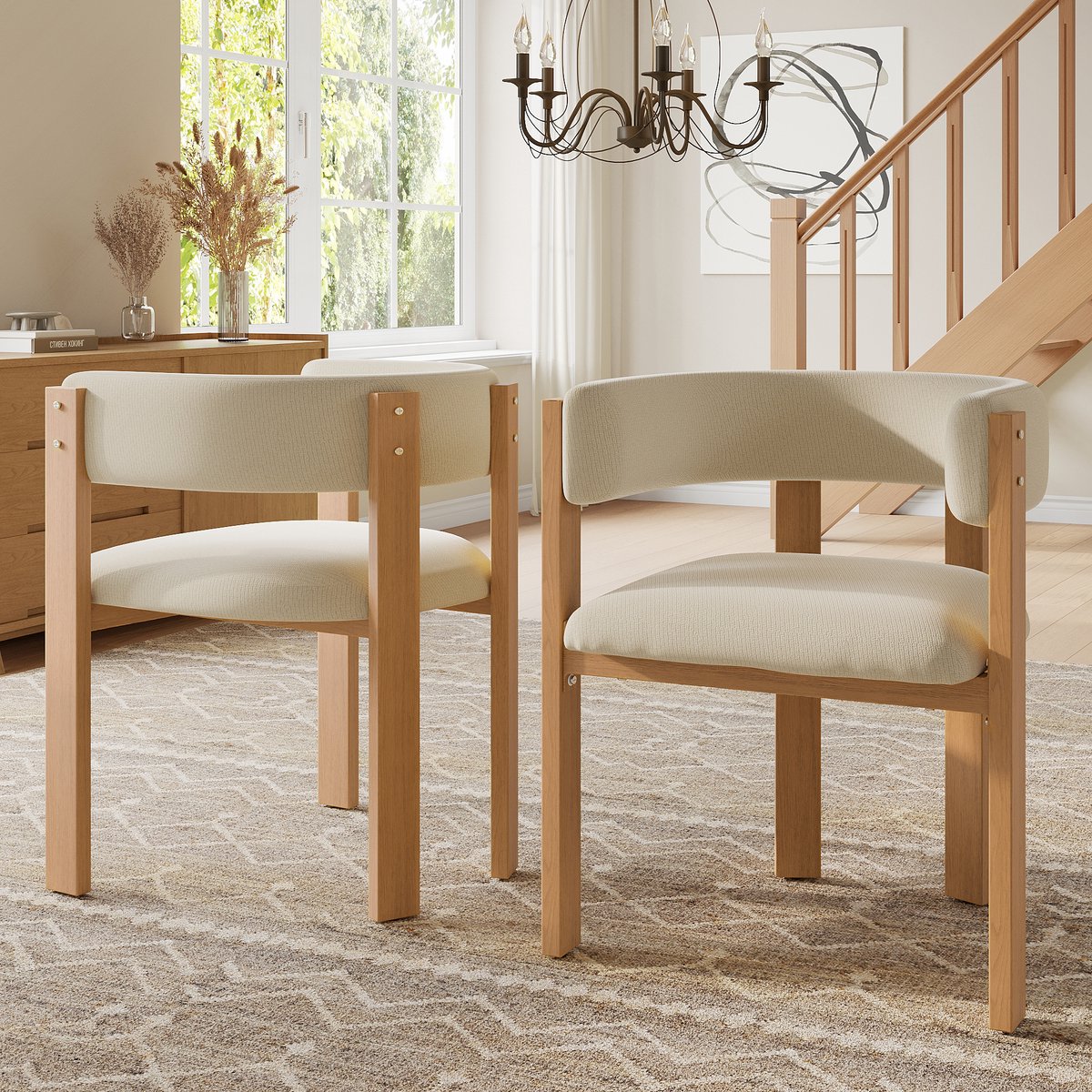 OKWISH Eetkamerstoel 47 x 48 x 72,5 cm - Ergonomisch Gevoerd Set Van 2 - Voor Eetkamer En Woonkamer - Flanel En Metaal - Beige