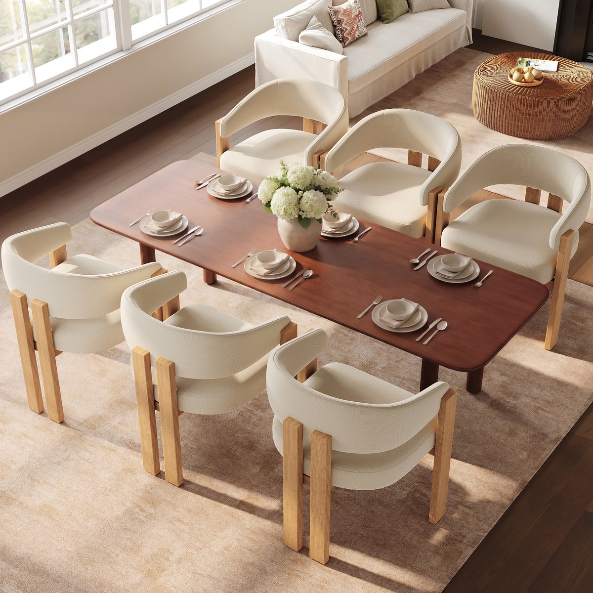 OKWISH Eetkamerstoel - Ergonomisch Comfortontwerp - Set Van 6 - Flanel En Metaal - Houtlook - Beige En Naturel