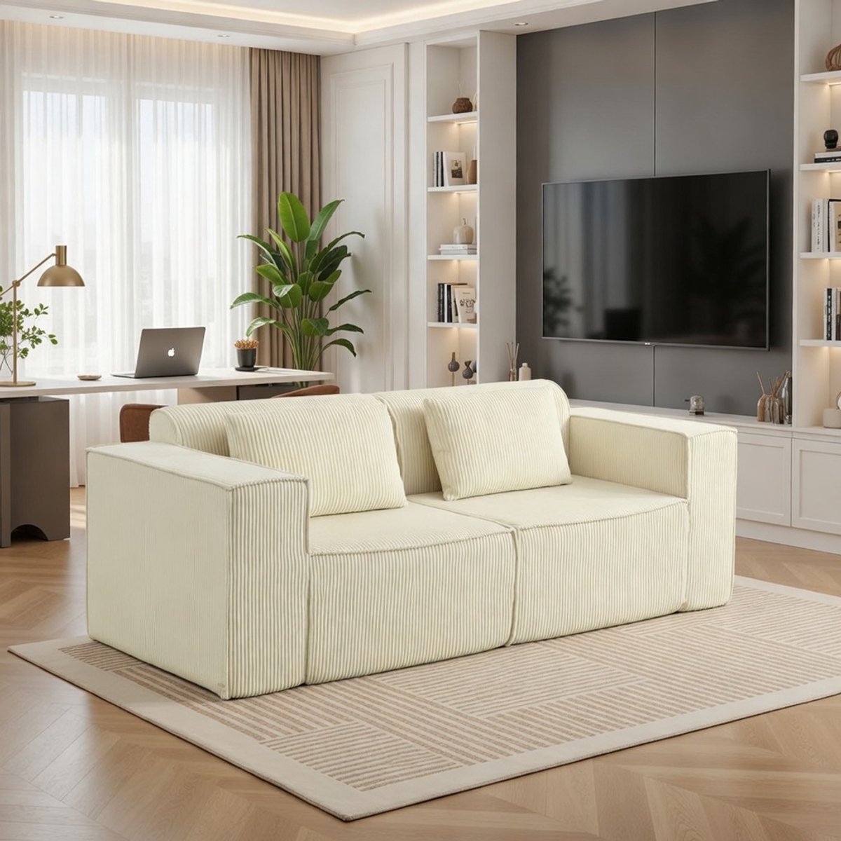 CloudLounge Corduroy 3-Zitsbank met Diepe Zitting en Brede Armleuningen – Luxe Comfortabele Lounge Bank voor Woonkamer of Slaapkamer – Beige | Casa Serena – Afmetingen op aanvraag – Casa Dorada