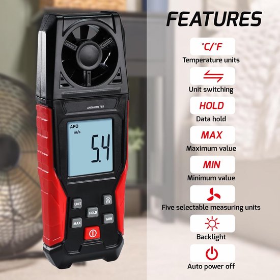 Digitale Windsnelheidsmeter met Achtergrondverlichting en Temperatuurmeting 0,3-30 m/s van Merkloos — afbeelding 5