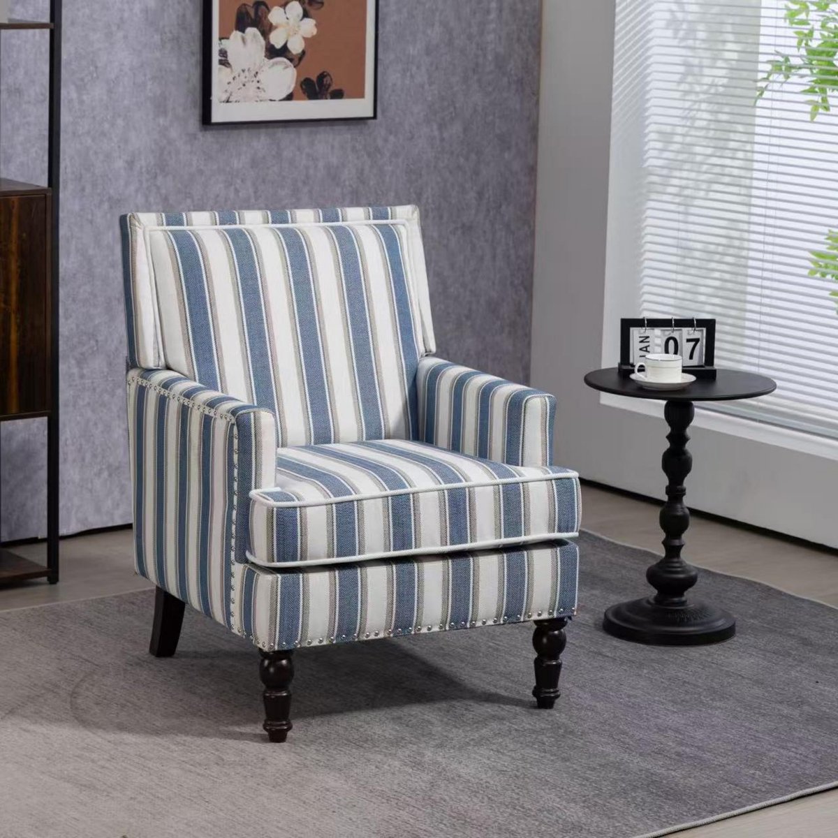 PHOEBE CAT Fauteuil - Gestoffeerde loungestoel - Vintage streep - Linnen stof - Blauw + Wit