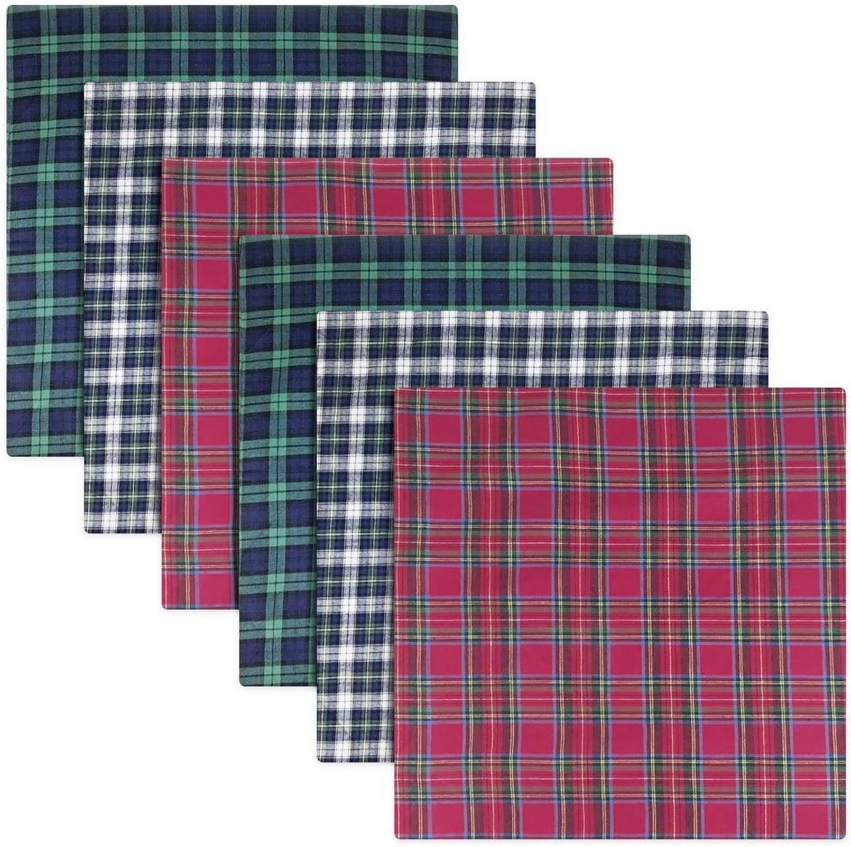 Pack van 6 Tartan Zakdoeken voor Heren - Blauw, Groen en Rood - 100% Katoen - 40 x 40 cm