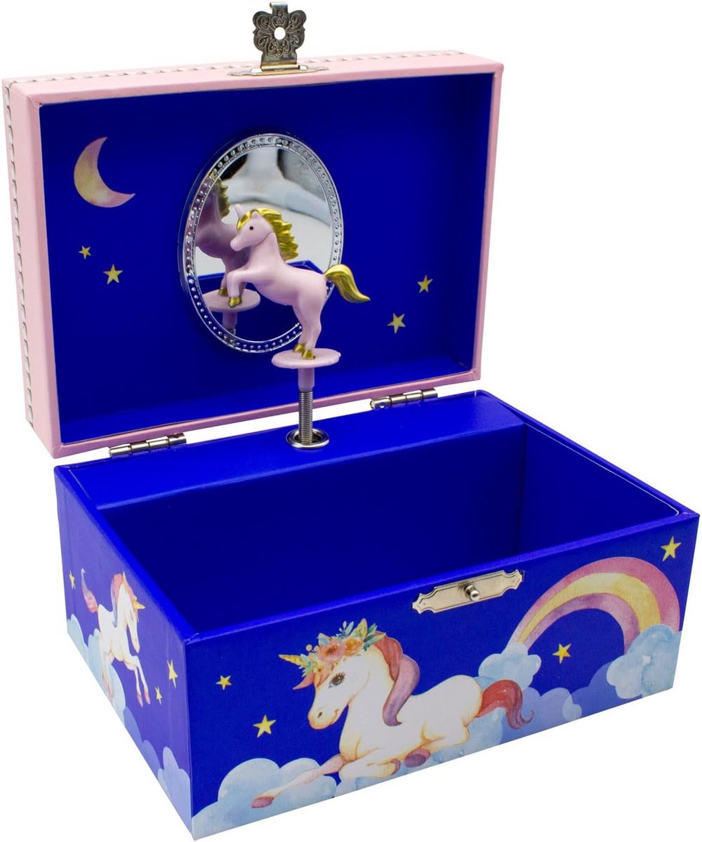 Sieradenkistje Eenhoorn met Muziek en Spiegel voor Meisjes - Kinderhorloge met Draaiend Figuur - 15 x 13 x 9 cm