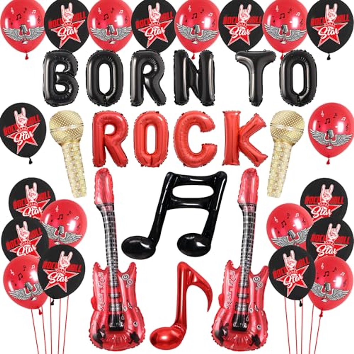 Ultiluxe® Born To Rock Decoratieset - Gitaar ballonnen en folieballonnen - Rock 'n Roll - Partydecoratie set - Voor feestjes en verjaardagen - Zwart/rood