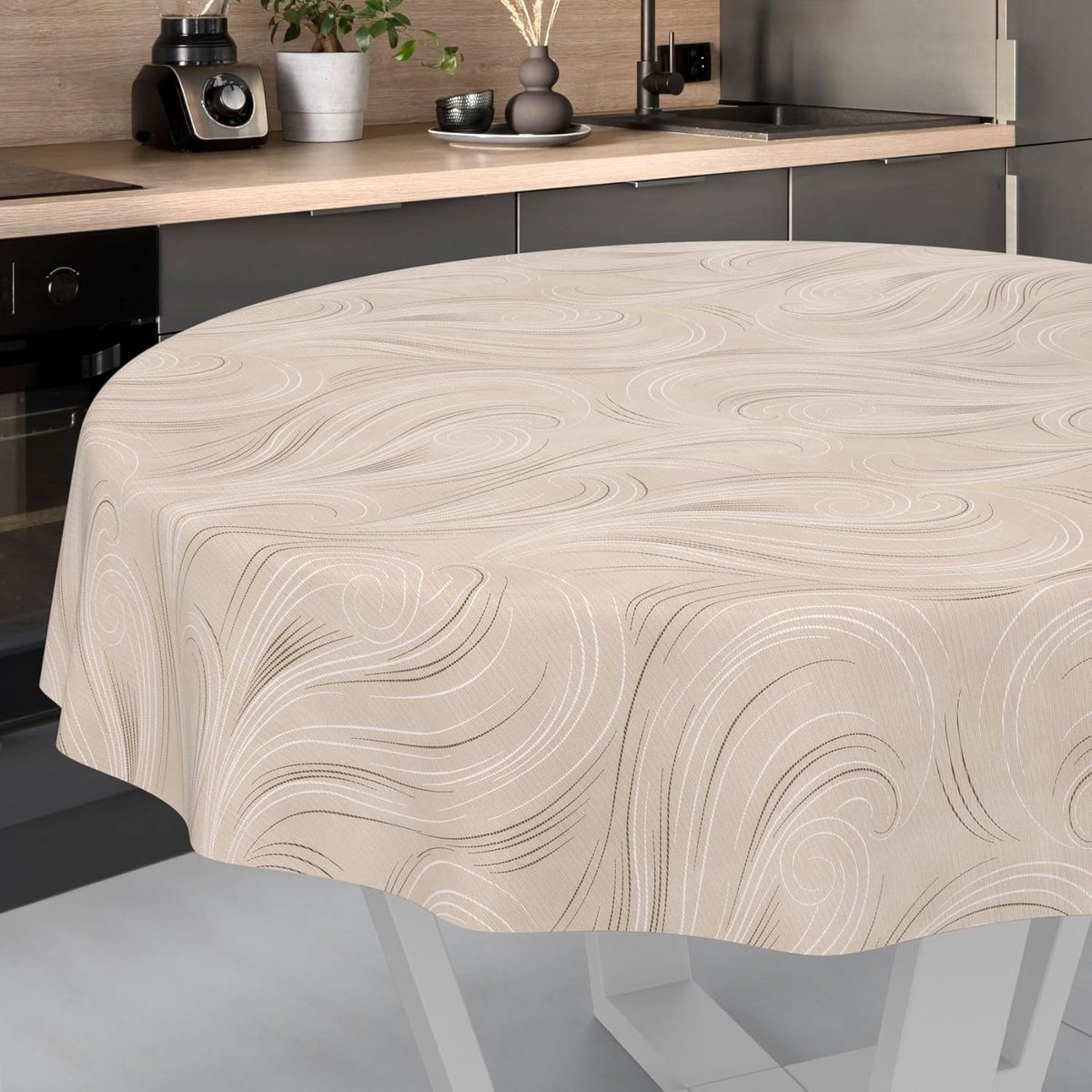 Afwasbaar rond tafelkleed 120 cm - Modern labyrint design in beige