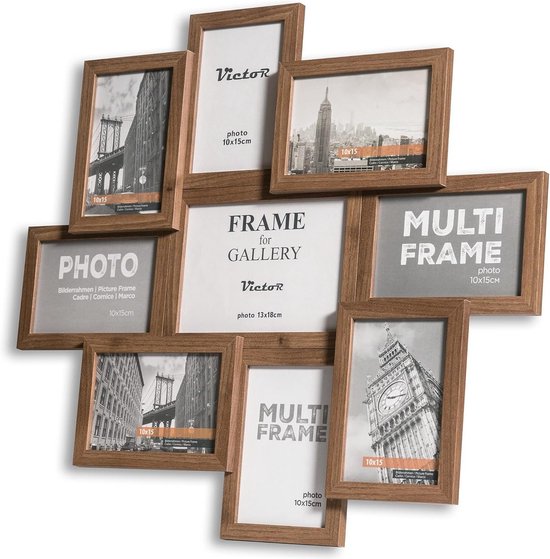 Bruine houten fotolijst met 'FRAME for GALLERY' in het midden en 'PHOTO' en 'MULTI FRAME' op de zijkanten. Bevat foto's van de Brooklyn Bridge en Big Ben.