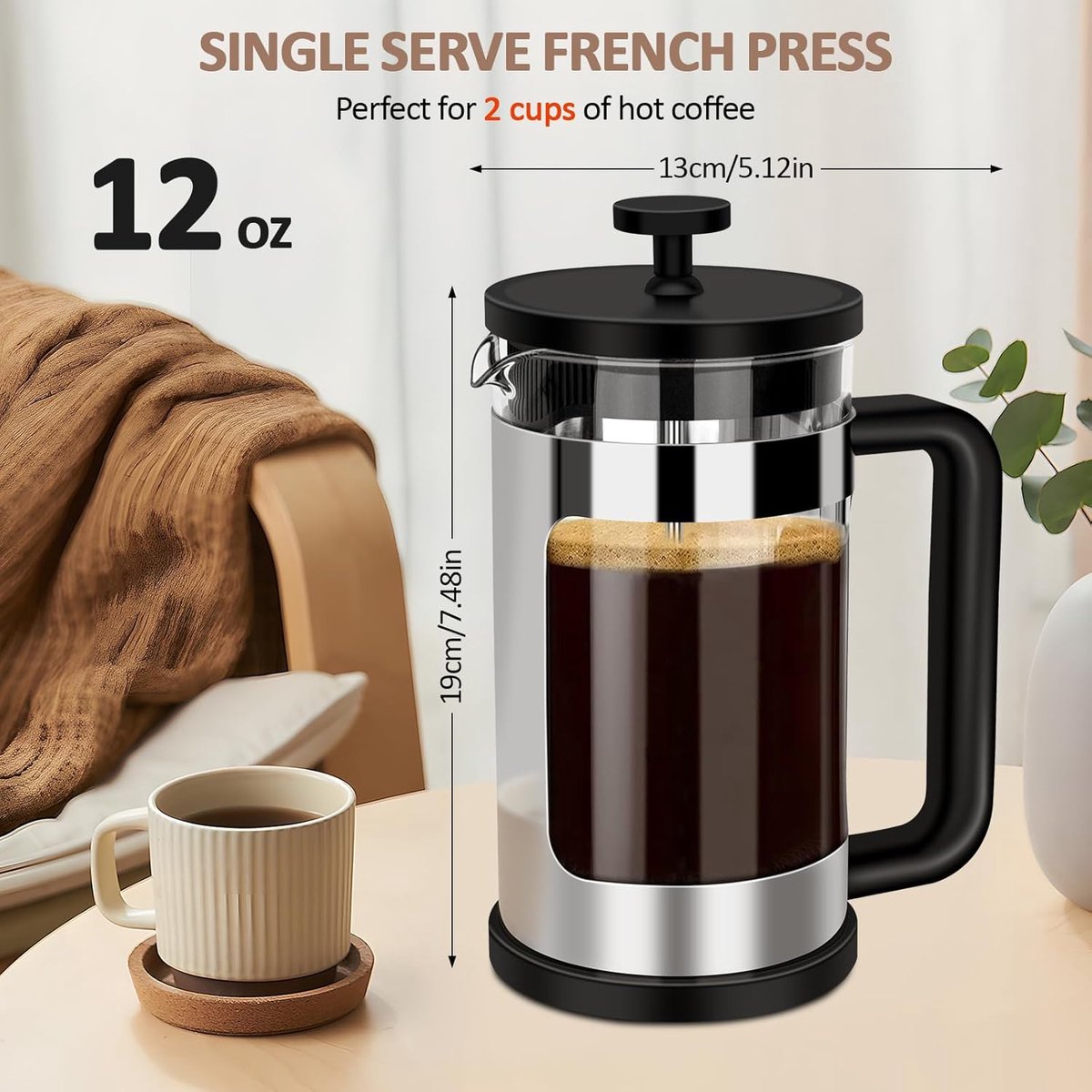 Mini Franse Pers 12 Oz - Koffiezetapparaat voor Enkele Servo, Hittebestendig Borosilicaat Glas
