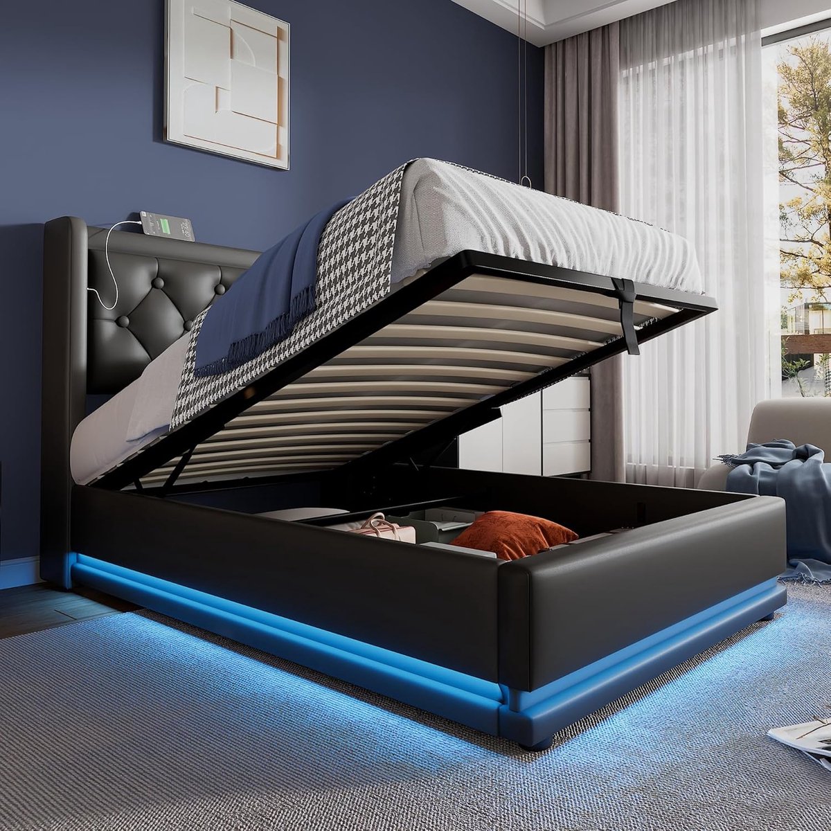Eenpersoonsbed met Opbergruimte 90 x 200 cm - Moderne Boxspring met Gestoffeerd Hoofdeinde