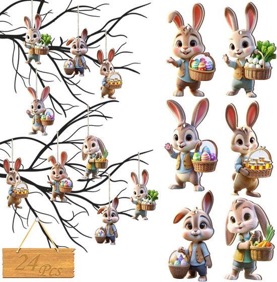 24 Houten Paashaasjes voor paasboom - Pasen decoratie - Pasen Versiering - Hangers pasen - Paashangers voor paastakken - Paasdecoratie Pasen - Houten Pasen accessoires - Voor thuis en een paasfeest