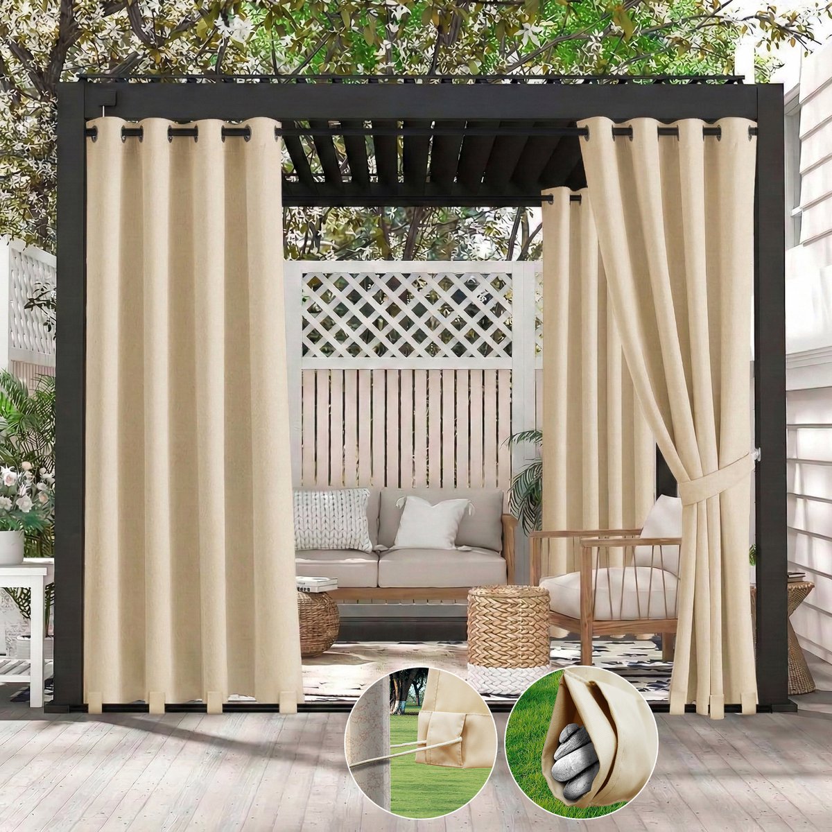 Qelus 2 Stuks Buitengordijnen Winddicht & Waterdicht - Outdoor Gordijn met Oogjes (Boven) en Anti-wind Lussen (Onder) - Weerbestendig voor Pergola - 132x213cm - Beige