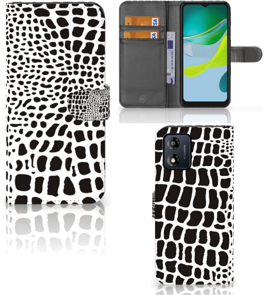 Book Case voor Motorola Moto E13 4G Telefoonhoesje met Pasjes Slangenprint